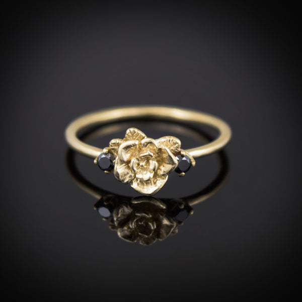 Gold Mini Rose Ring with Black Diamonds