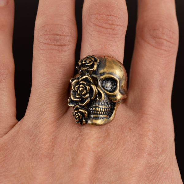 Half Rose Half Skull Ring ~ Bronze