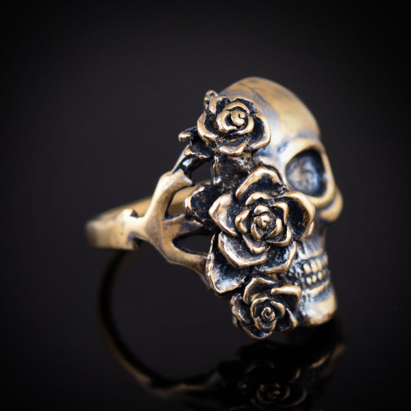 Half Rose Half Skull Ring ~ Bronze