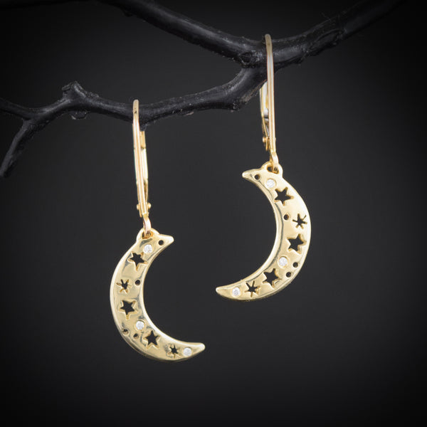 Gold Crescent Moon Earrings with Diamonds