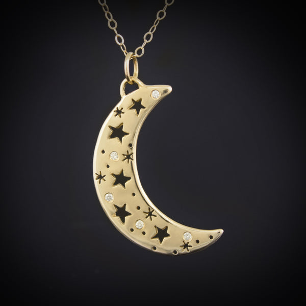 Gold Crescent Moon Necklace with Diamonds