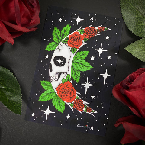 Rose Skull Moon ~ 6x4 Giclee Print