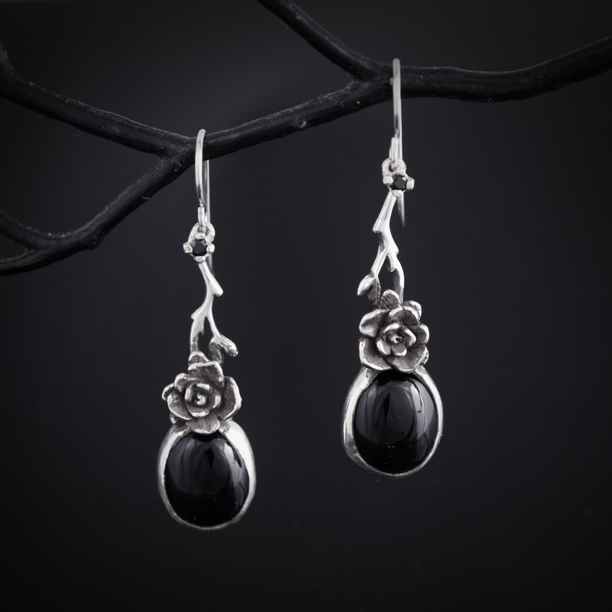 Mini Rose Earrings with Onyx Stone