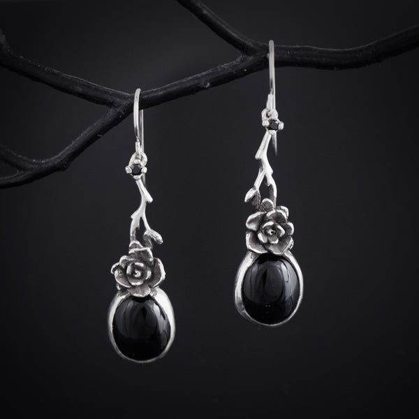 Mini Rose Earrings with Onyx Stone