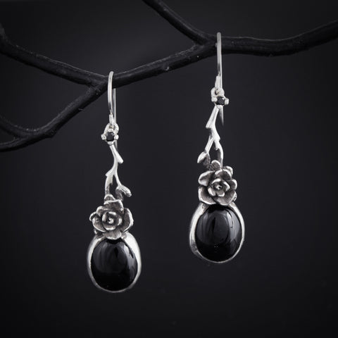 Mini Rose Earrings with Onyx Stone