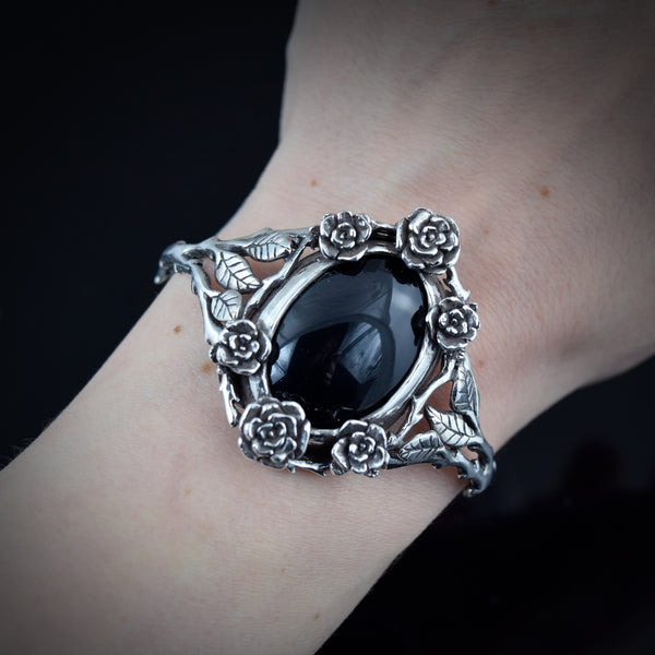 Mini Rose Cuff Bracelet with Onyx Stone