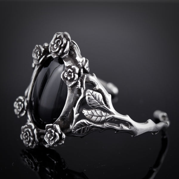 Mini Rose Cuff Bracelet with Onyx Stone