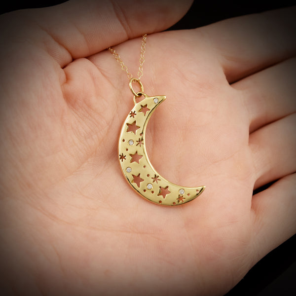 Gold Crescent Moon Necklace with Diamonds