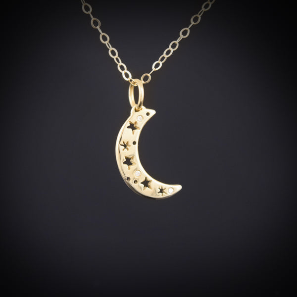 Gold Small Crescent Moon Necklace with Diamonds