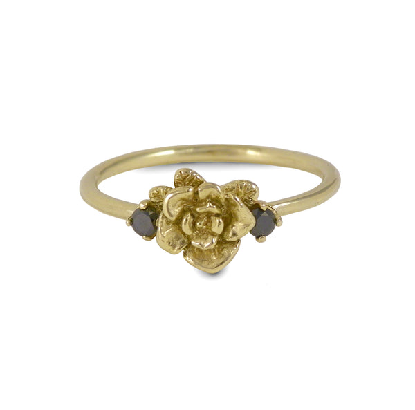 Gold Mini Rose Ring with Black Diamonds