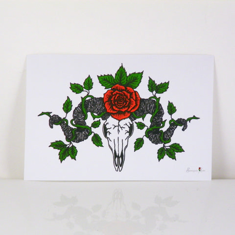 Ram Skull Rose ~ 6x4 Giclee Print