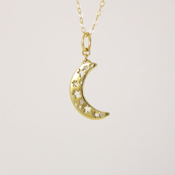 Gold Small Crescent Moon Necklace with Diamonds