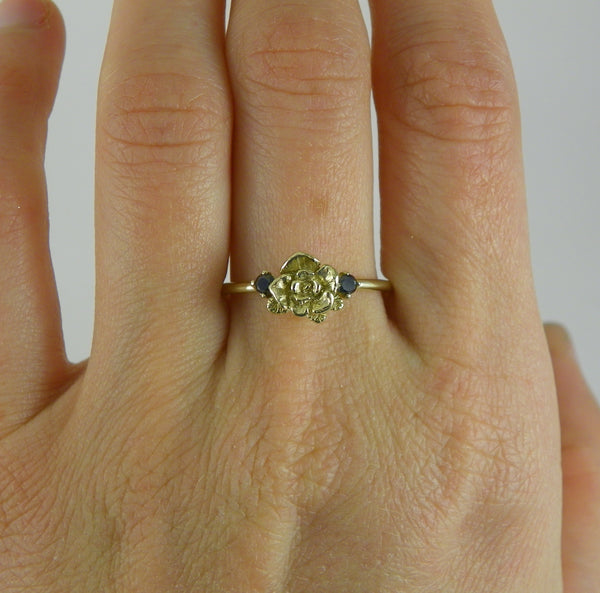 Gold Mini Rose Ring with Black Diamonds