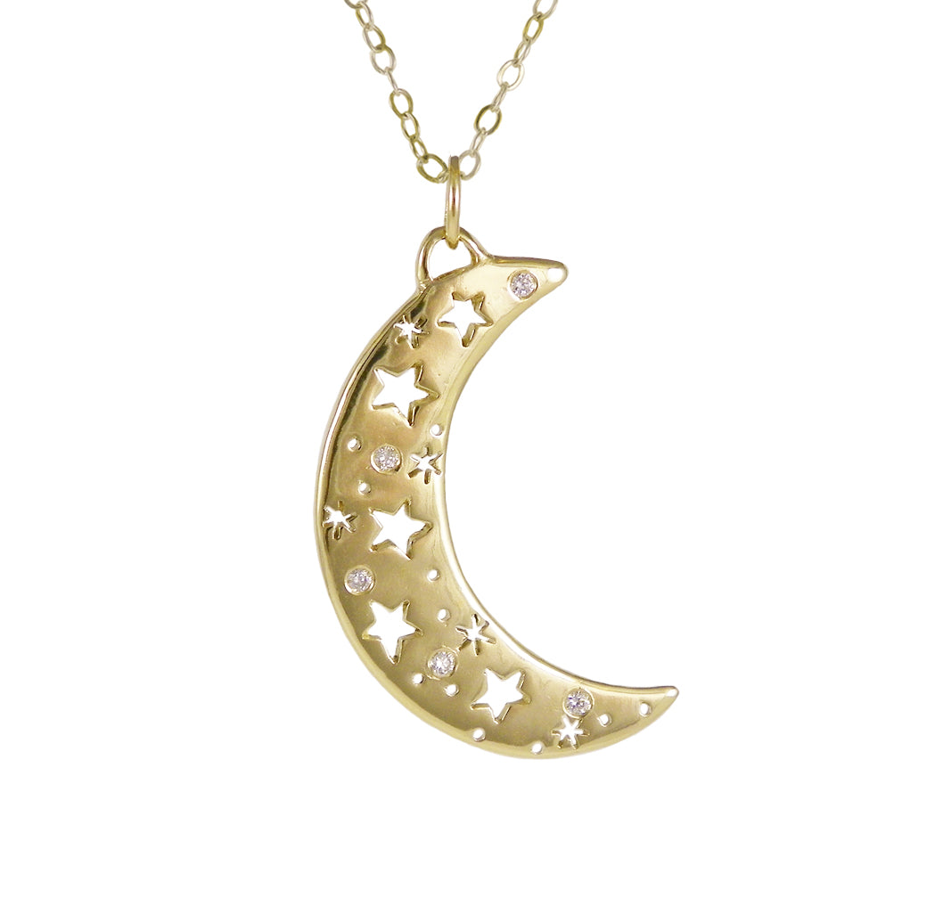 Gold Crescent Moon Necklace with Diamonds