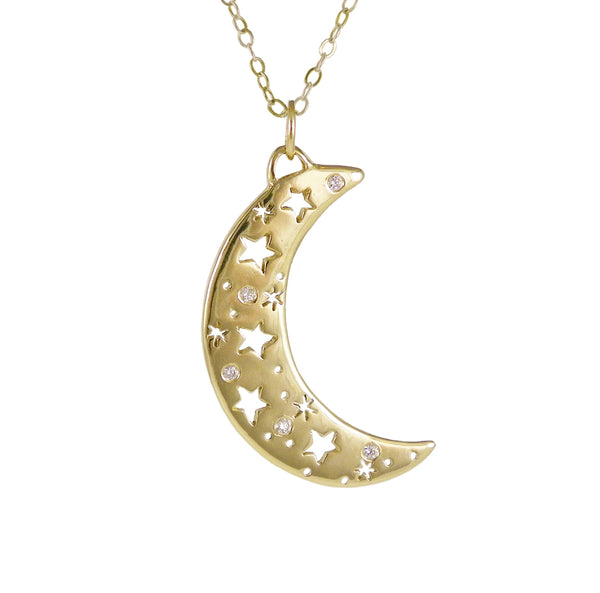 Gold Crescent Moon Necklace with Diamonds